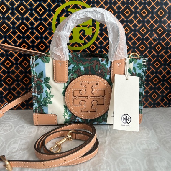 Tory Burch Ella Printed Mini Tote Crossbody Bag Rayure Fleurie - Picture 1 of 10